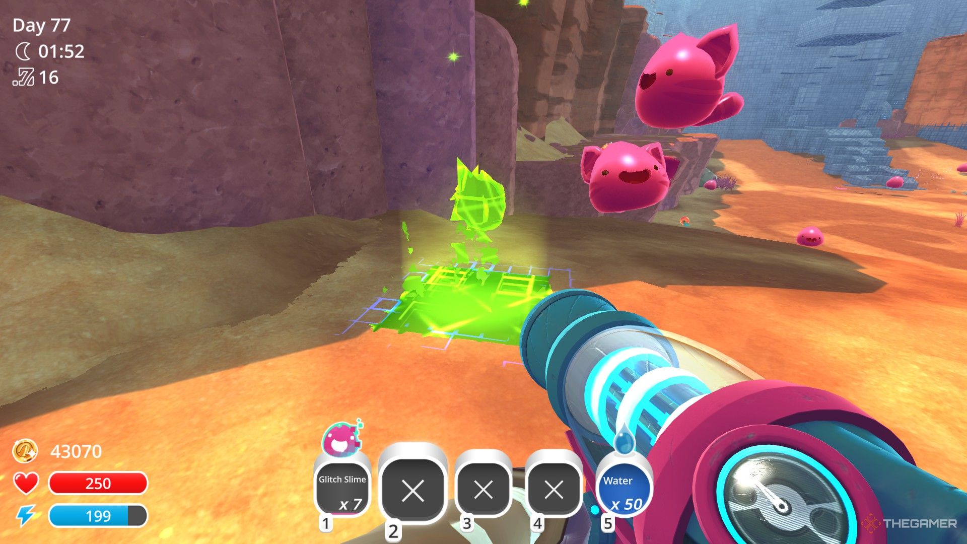 The player finds the Debug Spray source in Slime Rancher.