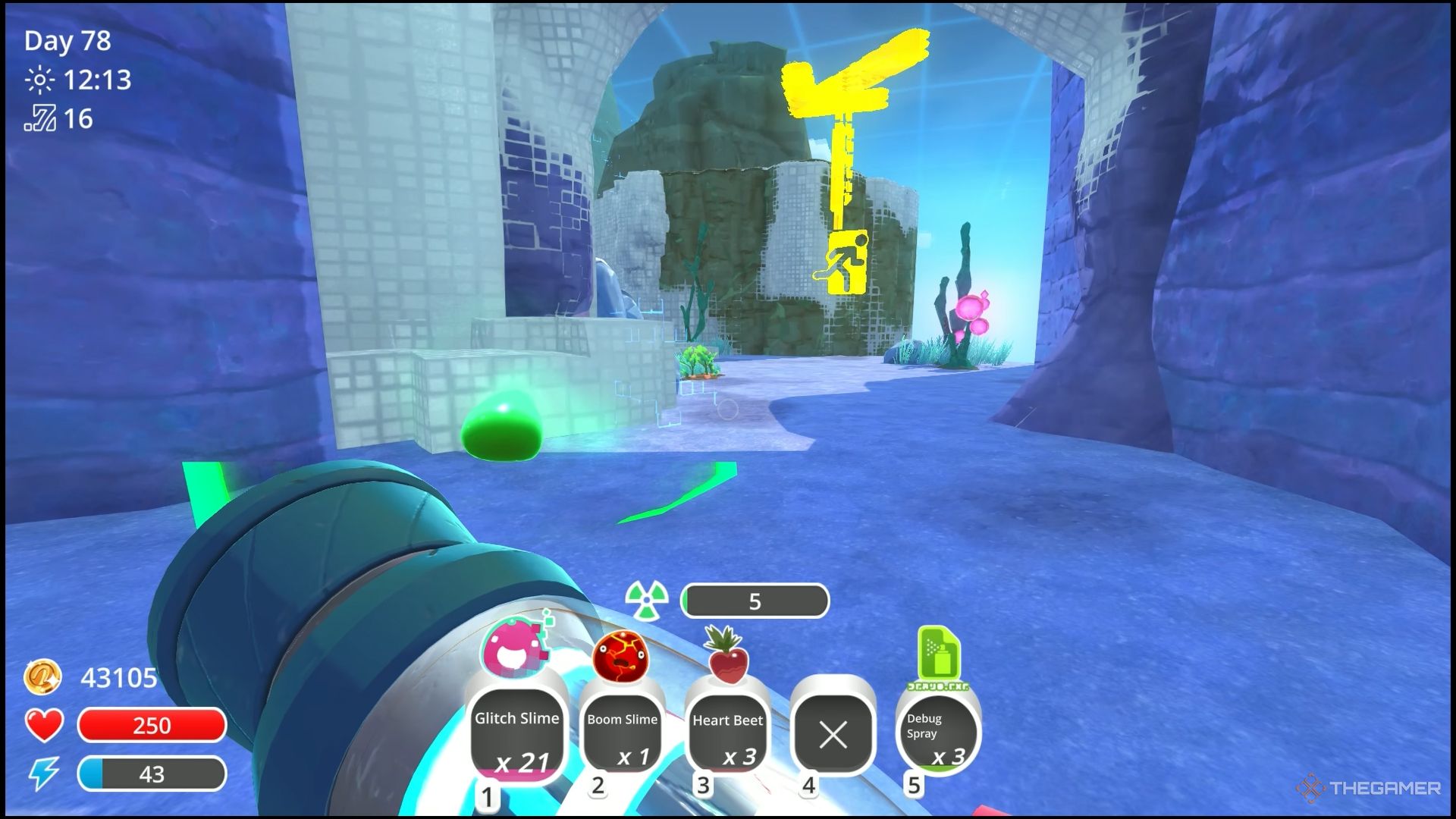 The player follows the yellow arrows to reach the exit beacon in Slime Rancher.