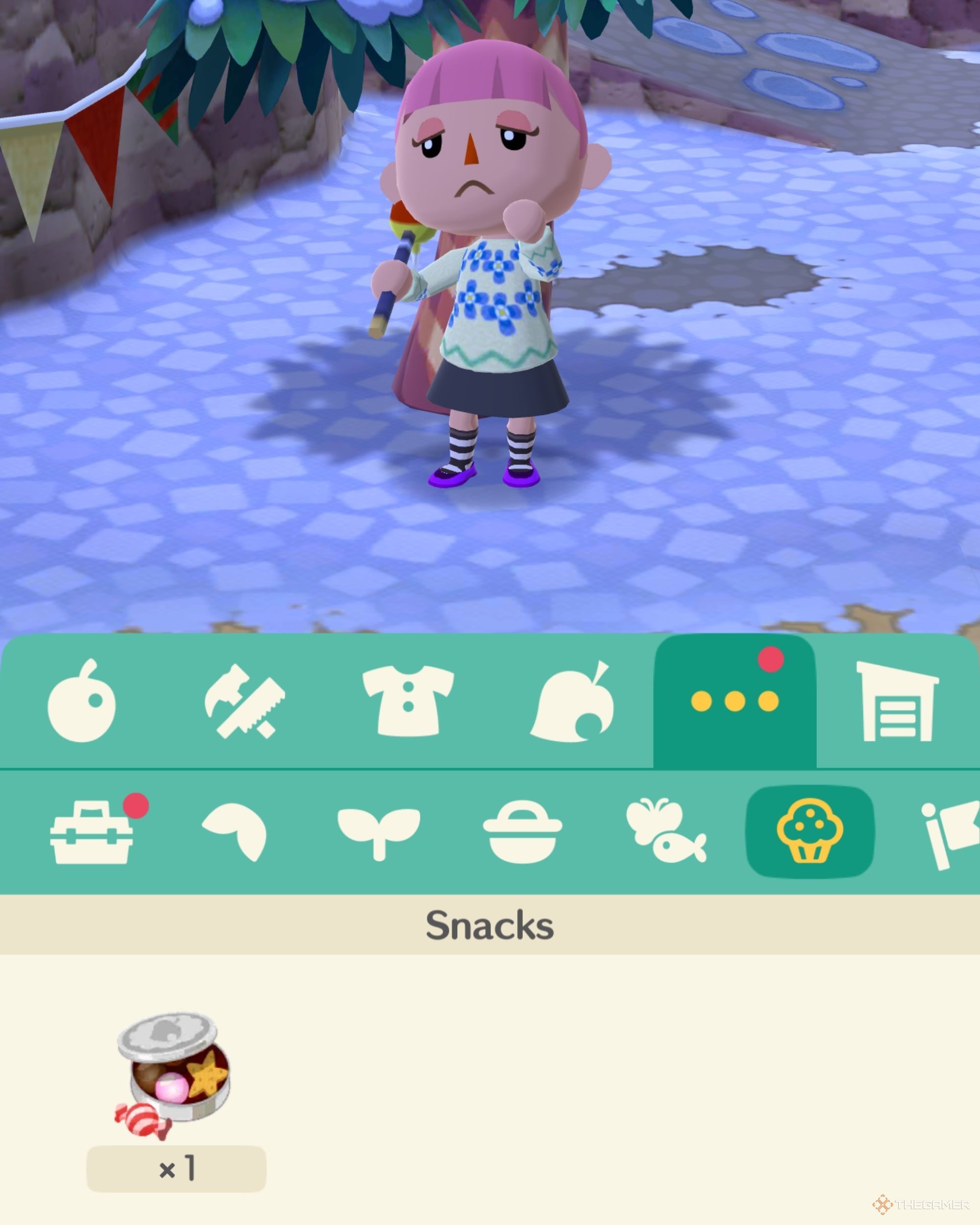 A character in Animal Crossing: Pocket Camp Complete looking at their snacks.