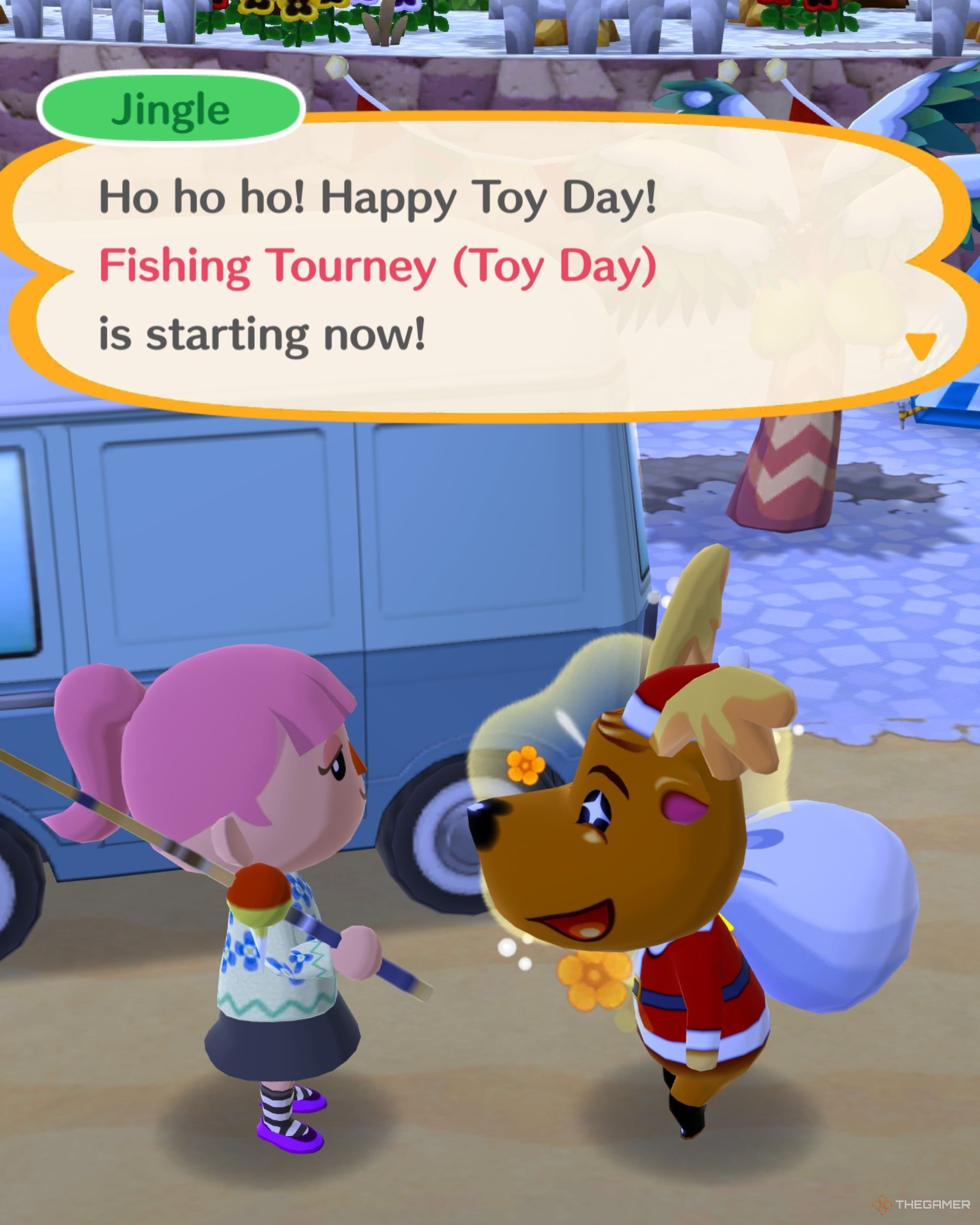 A character in Animal Crossing: Pocket Camp Complete talking to Jingle.