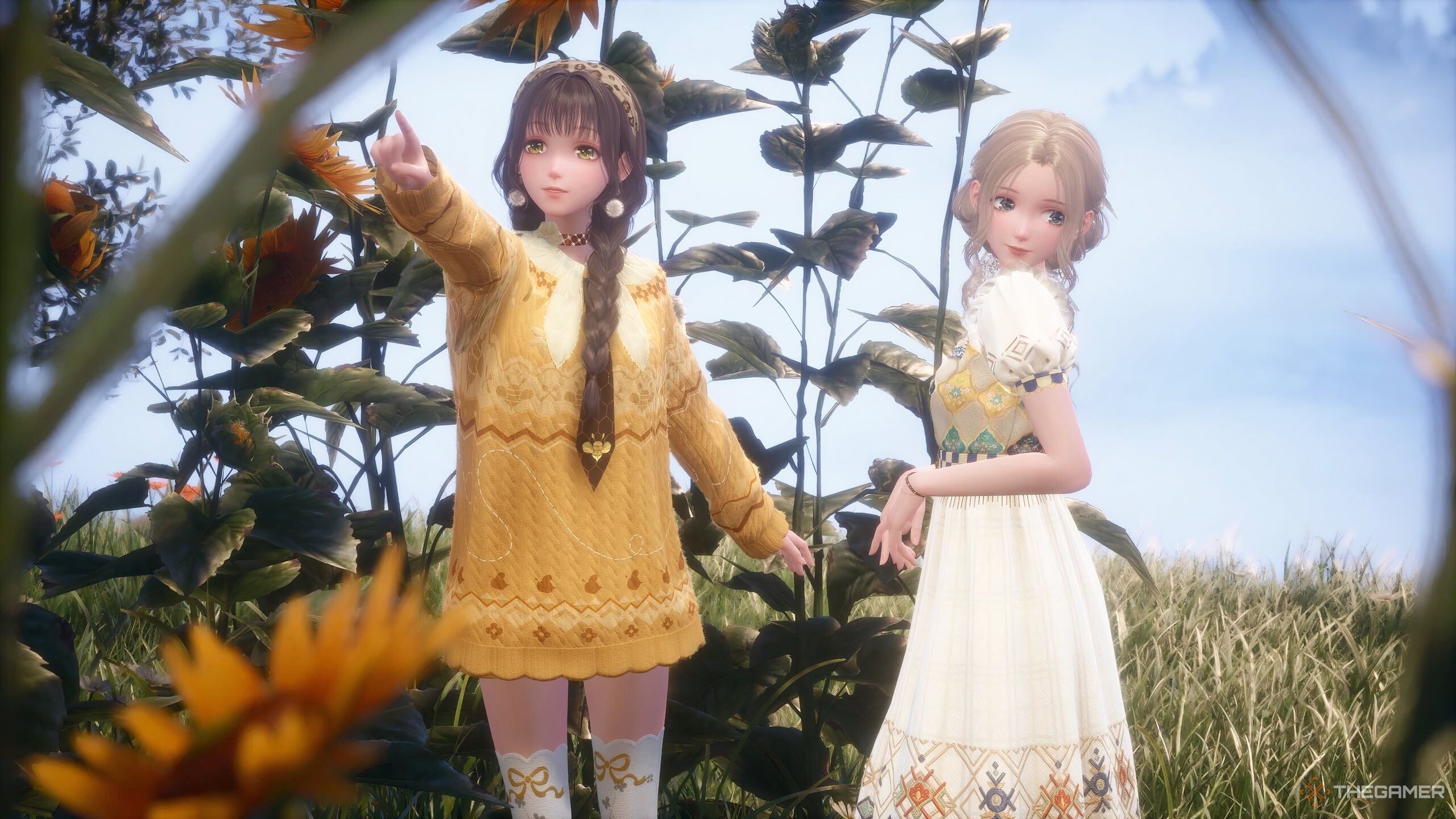 Two Nikkis posing in a sunflower field in Infinity Nikki.