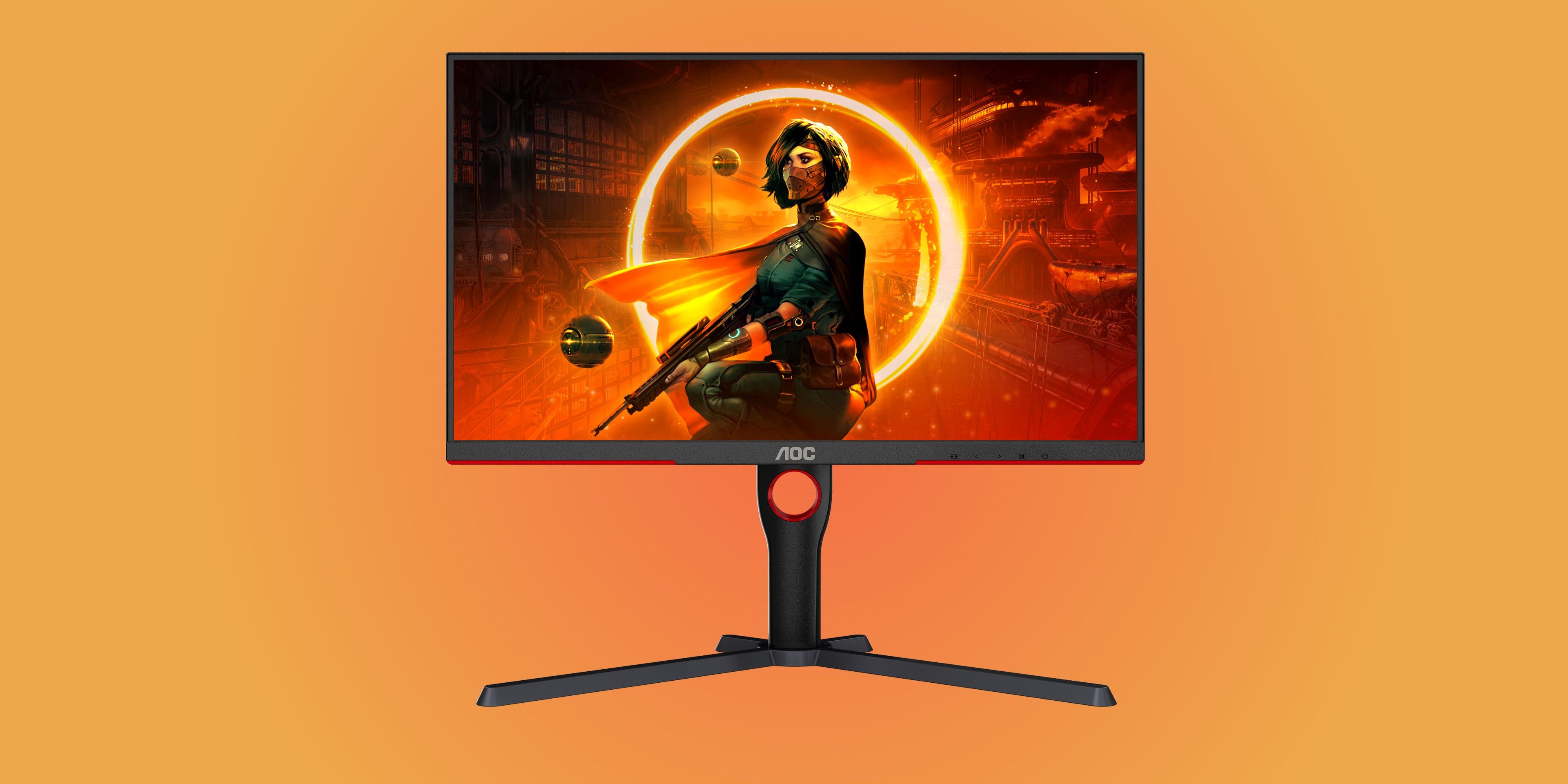 The AOC Q27G3XMN on an orange background.