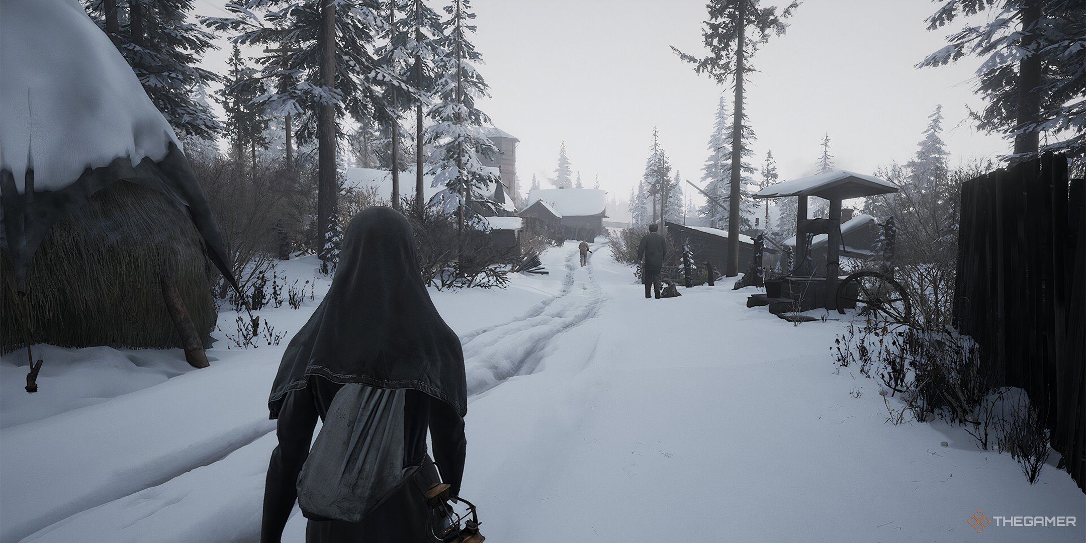 Indika walking along a snowy road, with some NPCs seen in the distance.