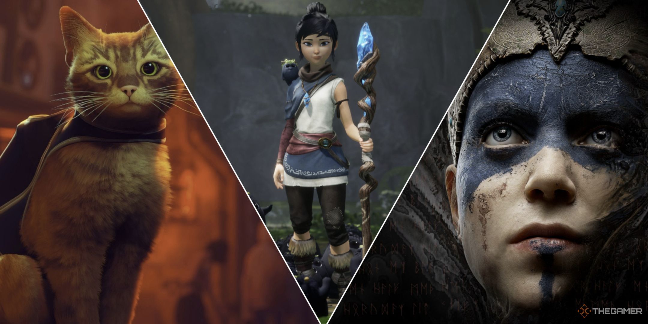 A collage of indie games that can easily be mistaken for Triple-A titles such as Hellblade, Stray, and Kena Bridge of Spirits. 