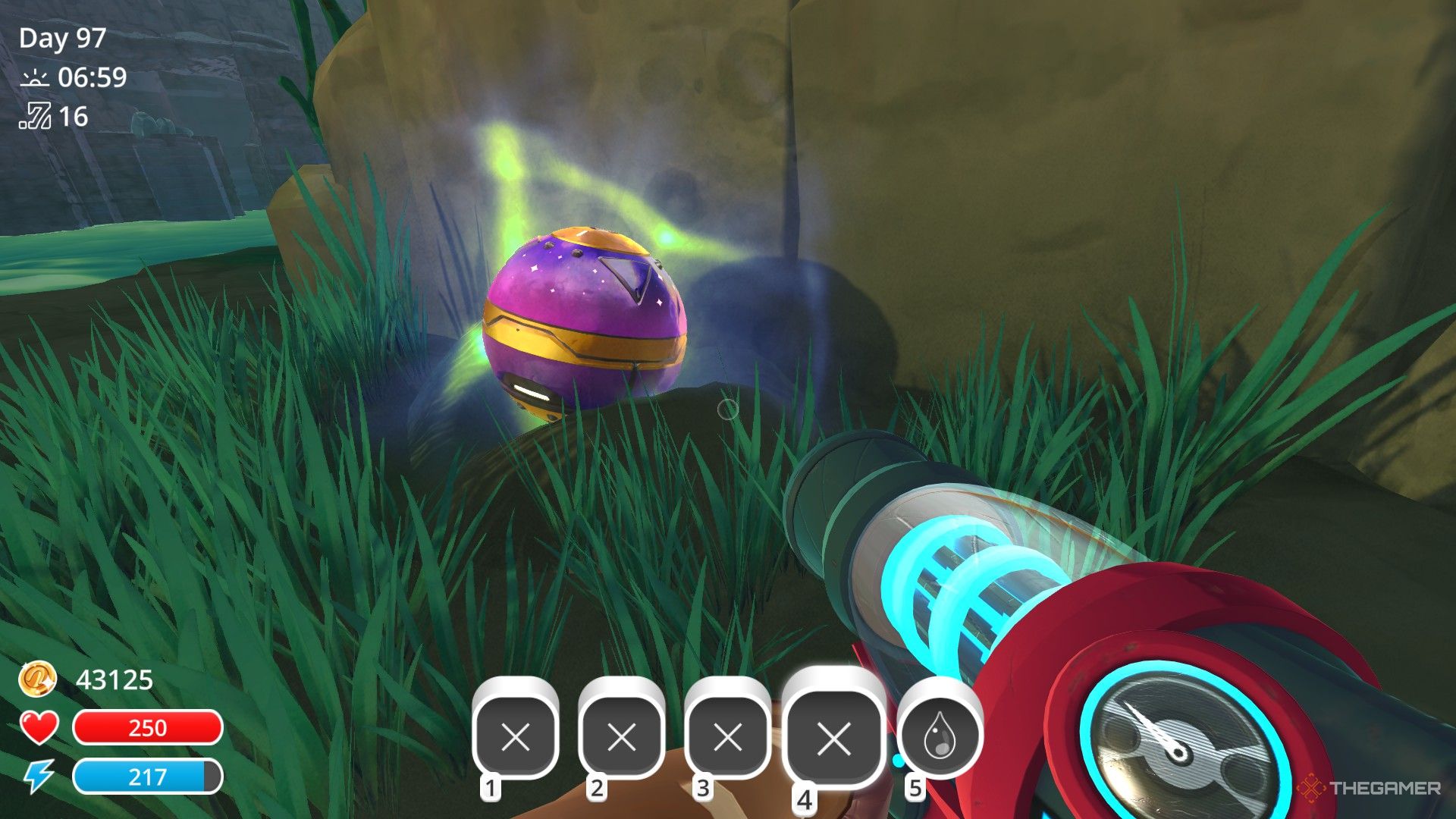 The player is standing next to a secret style treasure pod in Slime Rancher.