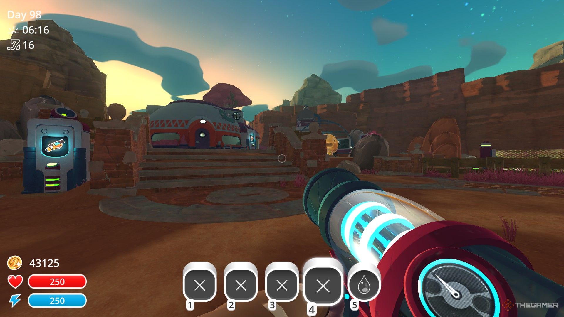 The player is looking at the house in Slime Rancher.