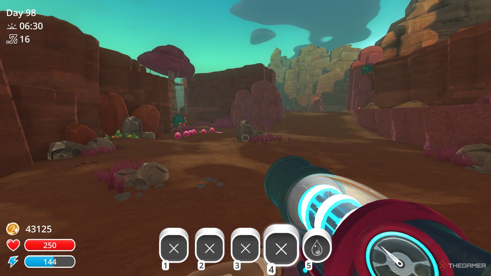 The player is looking at the pink slimes in Dry Reef area in Slime Rancher.