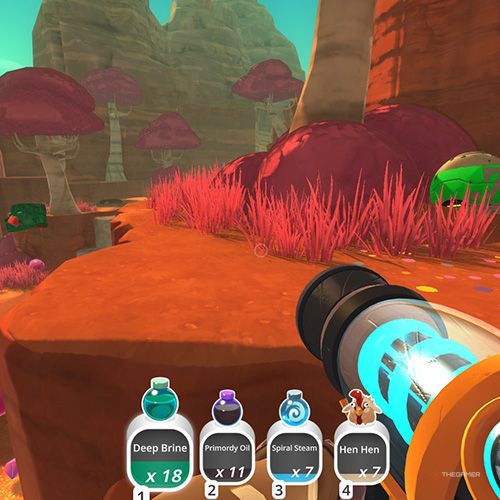 The player is looking at the  treasure pod no 5 at the Dry Reef in Slime Rancher