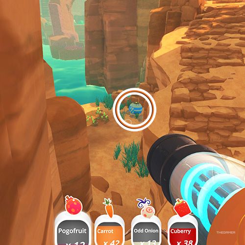 The player is looking at the  treasure pod no 11 at the Dry Reef in Slime Rancher