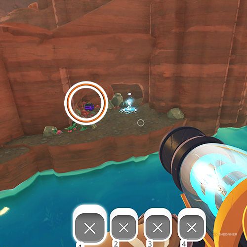 The player is looking at the  treasure pod no 13 at the Dry Reef in Slime Rancher