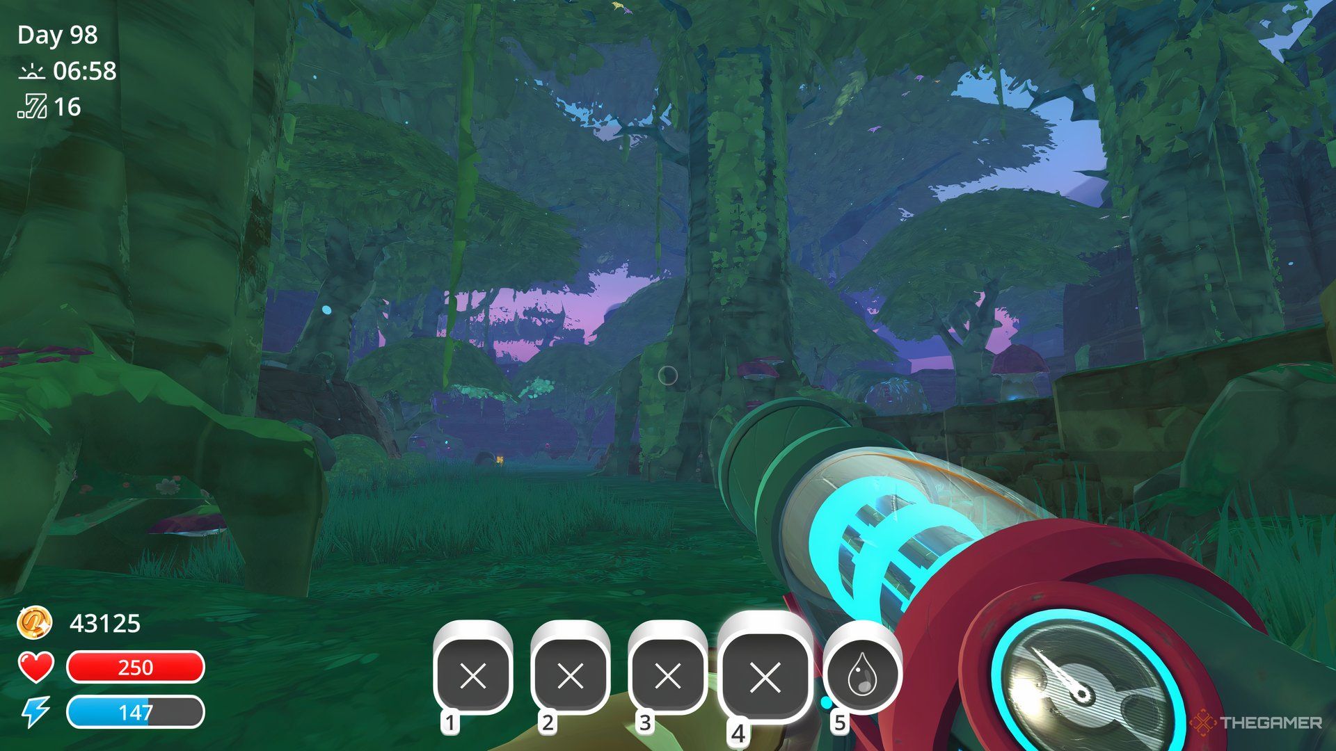 The player is looking at the mossy trees inside the Moss Blanket in Slime Rancher.