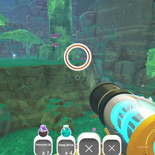 The player is looking at the  treasure pod no 1 at the Moss Blanket in Slime Rancher