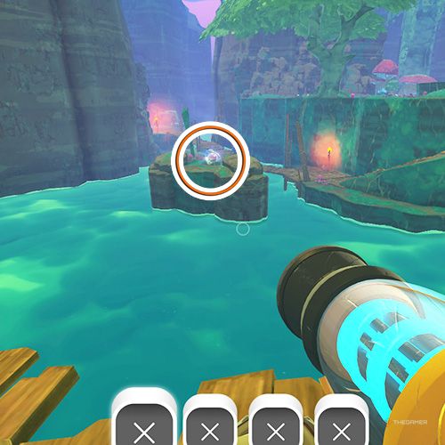 The player is looking at the  treasure pod no 20 at the Moss Blanket in Slime Rancher