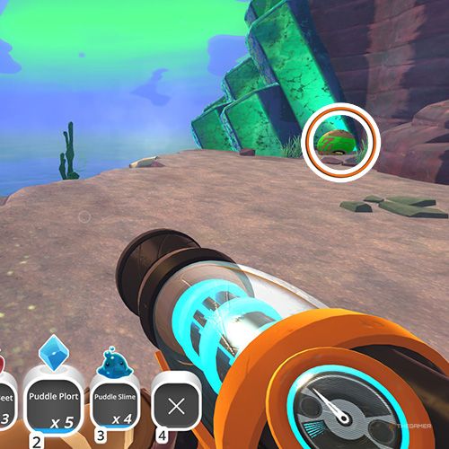 The player is looking at the  treasure pod no 4 at the Indigo Quarry in Slime Rancher