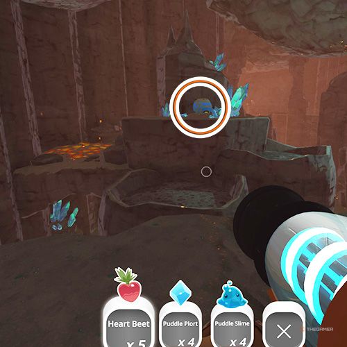 The player is looking at the  treasure pod no 5 at the Indigo Quarry in Slime Rancher