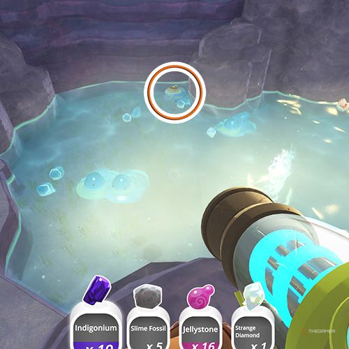 The player is looking at the  treasure pod no 6 at the Indigo Quarry in Slime Rancher