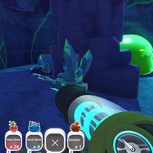 The player is looking at the  treasure pod no 8 at the Indigo Quarry in Slime Rancher