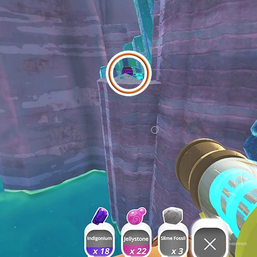 The player is looking at the  treasure pod no 11 at the Indigo Quarry in Slime Rancher