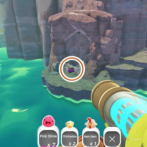 The player is looking at the  treasure pod no 16 at the Indigo Quarry in Slime Rancher