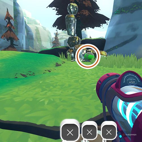 The player is looking at the  treasure pod no 1 at the Nimble Valley in Slime Rancher