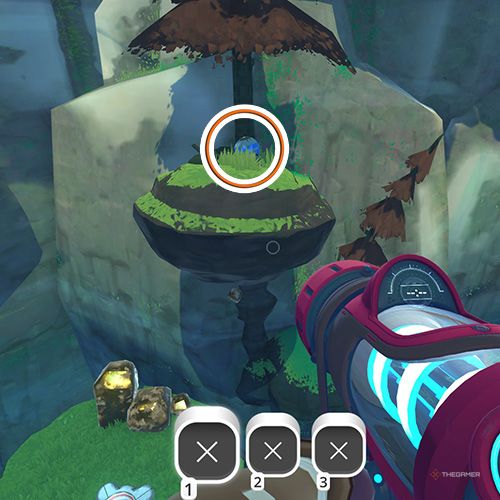 The player is looking at the  treasure pod no 3 at the Nimble Valley in Slime Rancher