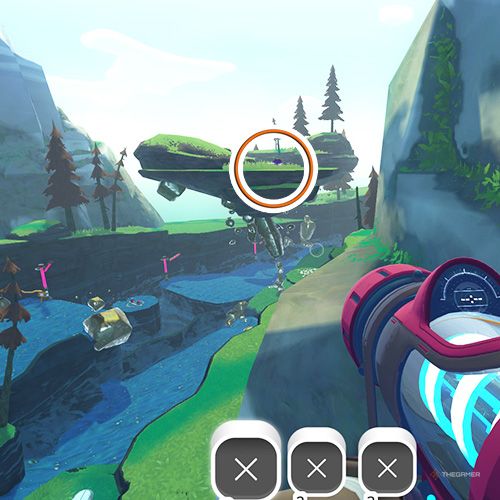 The player is looking at the  treasure pod no 6 at the Nimble Valley in Slime Rancher