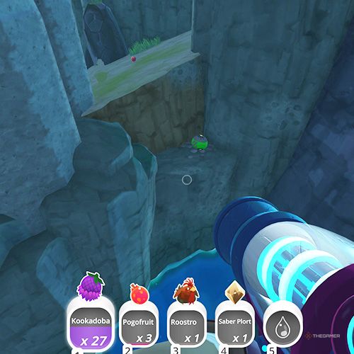 The player is looking at the  treasure pod no 4 at the Wilds in Slime Rancher