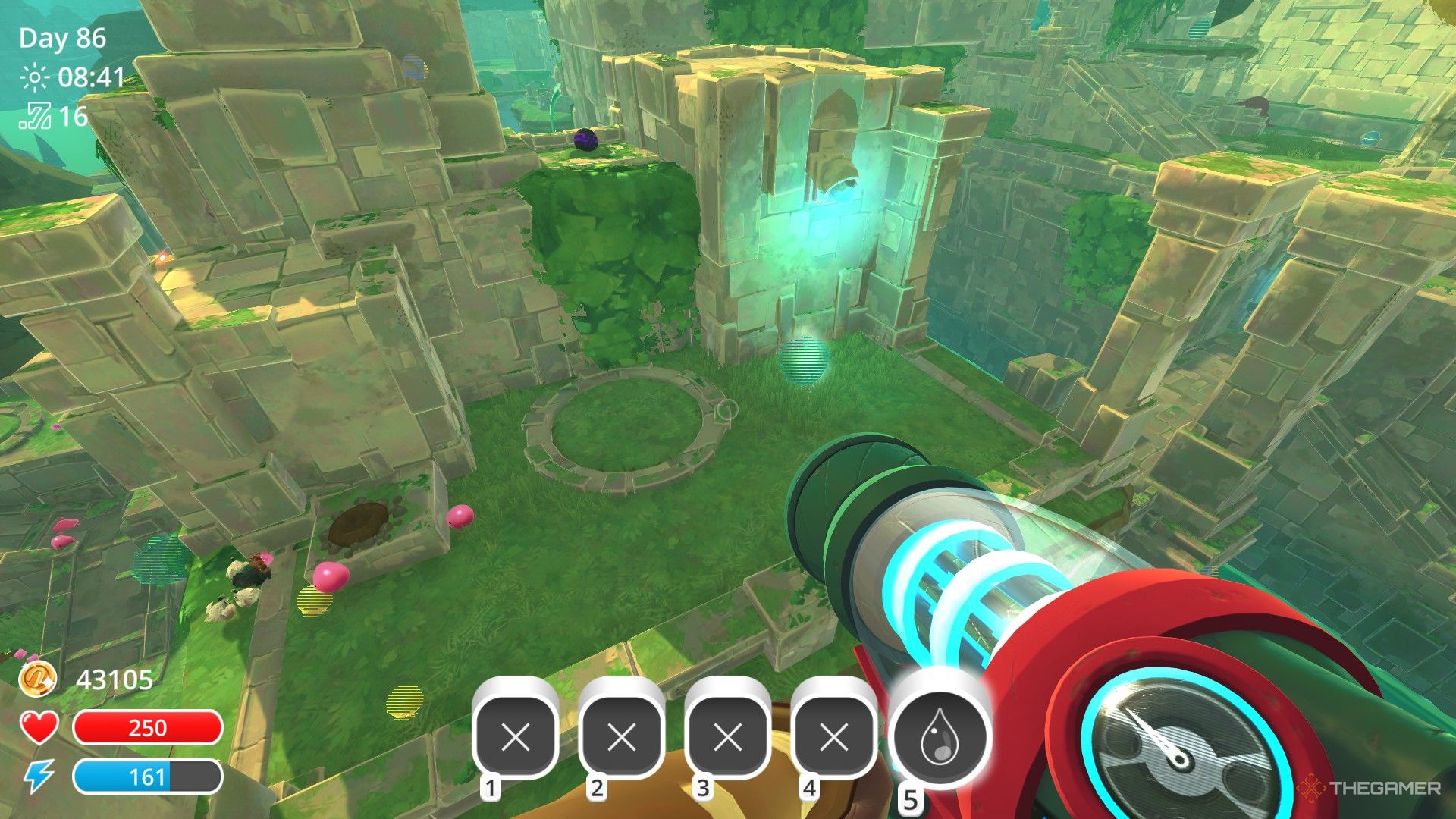 The player is looking at a purple treasure pod in Slime Rancher.