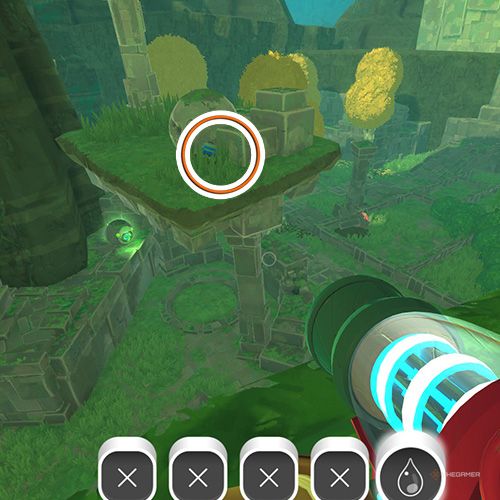 The player is looking at the  treasure pod no 1 at the Ancient Ruins in Slime Rancher