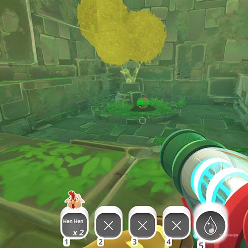 The player is looking at the  treasure pod no 3 at the Ancient Ruins in Slime Rancher