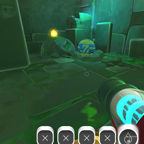 The player is looking at the  treasure pod no 5 at the Ancient Ruins in Slime Rancher