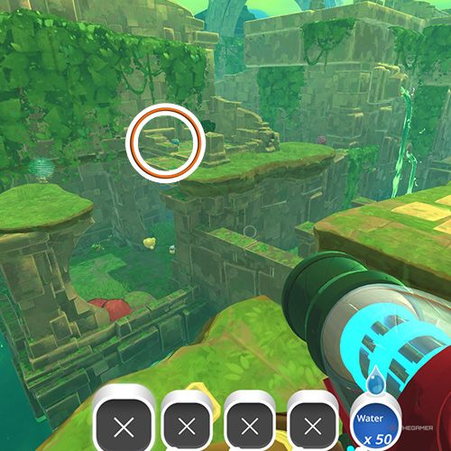 The player is looking at the  treasure pod no 7 at the Ancient Ruins in Slime Rancher