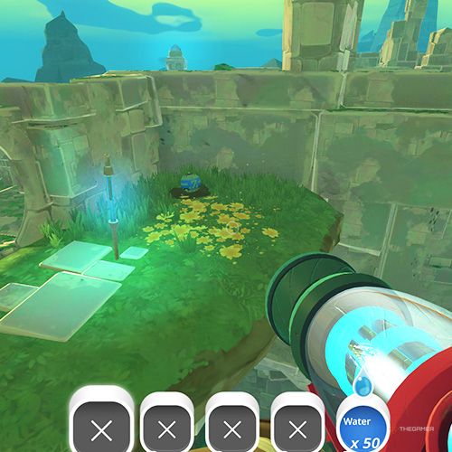 The player is looking at the  treasure pod no 8 at the Ancient Ruins in Slime Rancher