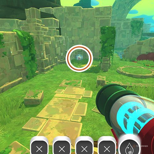 The player is looking at the  treasure pod no 18 at the Ancient Ruins in Slime Rancher