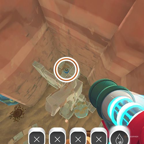 The player is looking at the  treasure pod no 2 at the Glass Desert in Slime Rancher