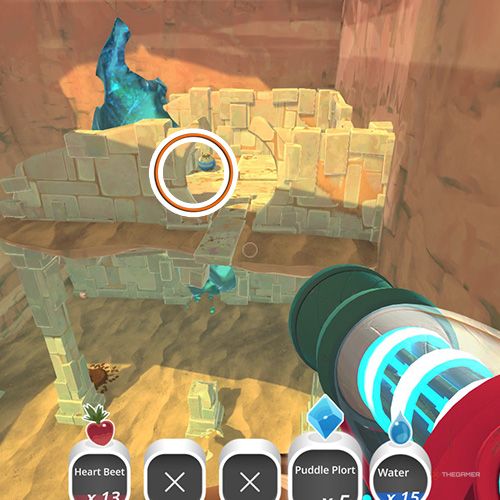 The player is looking at the  treasure pod no 6 at the Glass Desert in Slime Rancher