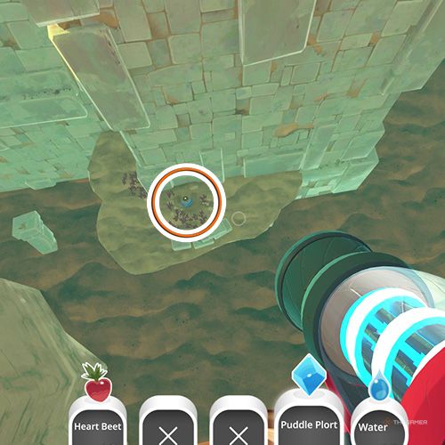 The player is looking at the  treasure pod no 7 at the Glass Desert in Slime Rancher