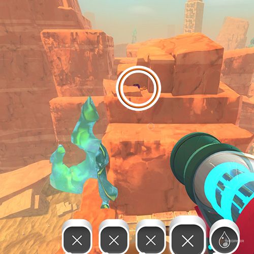 The player is looking at the  treasure pod no 10 at the Glass Desert in Slime Rancher