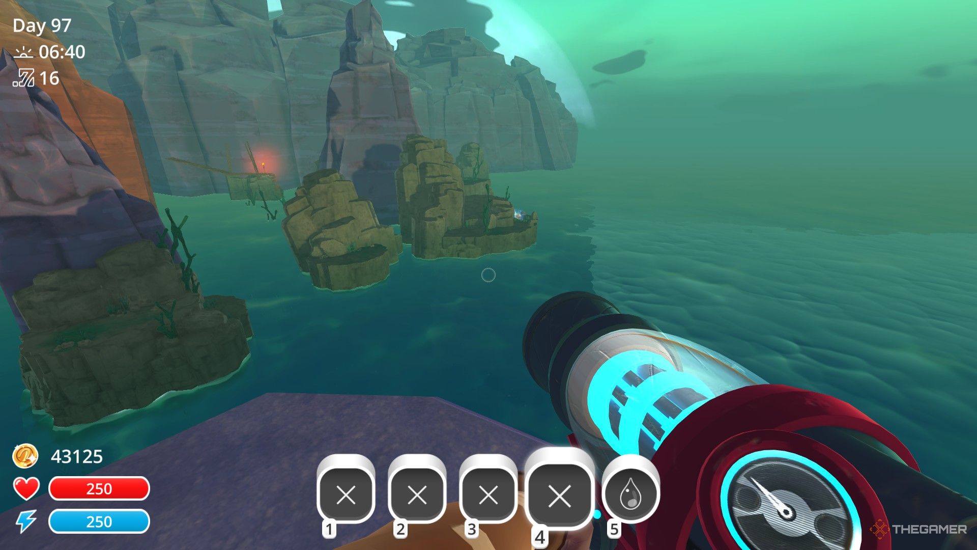 The player spots a treasure pod at the Slime Sea in Slime Rancher.