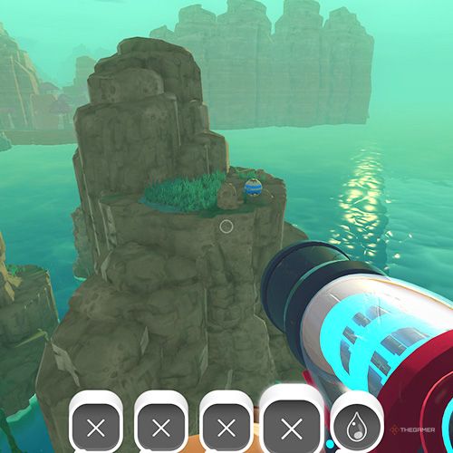 The player is looking at the  treasure pod no 1 at the Slime Sea in Slime Rancher