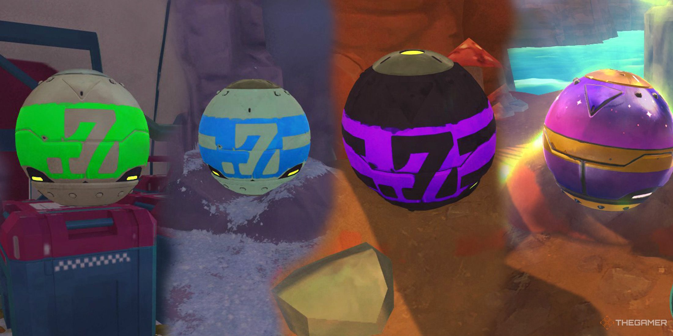 Four different pods stand side by side: from left to right, a green pod, a blue pod, a purple pod, and a Secret Style pod in Slime Rancher.