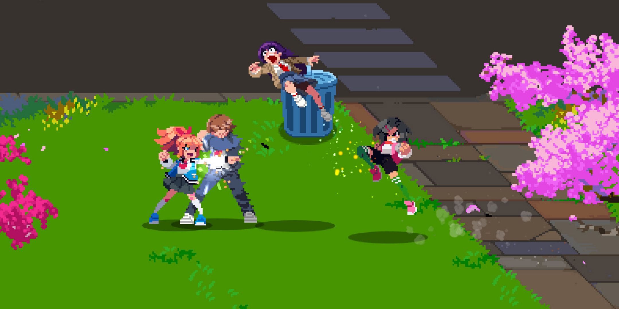 Kyoko and Misako fighting enemies in a park from River City Girls.