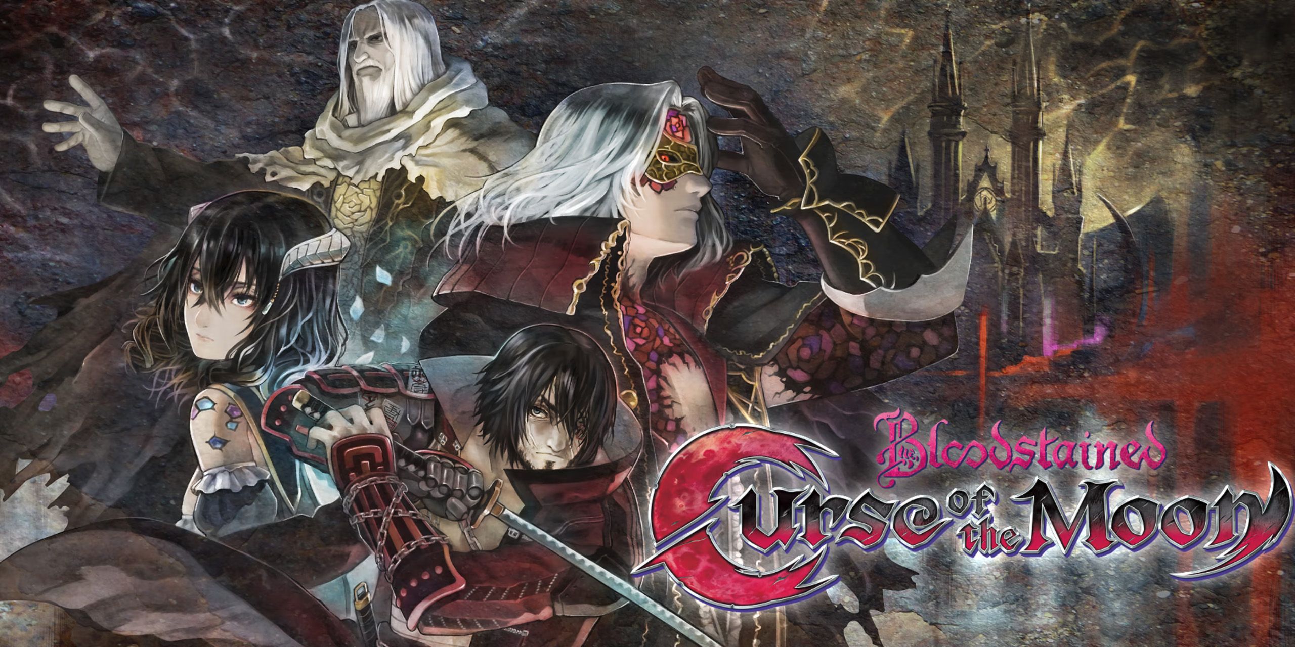 The cover art from Bloodstained: Curse of the moon, showing Zangetsu, Miriam, Gebel, and Alfred next to the game's logo.