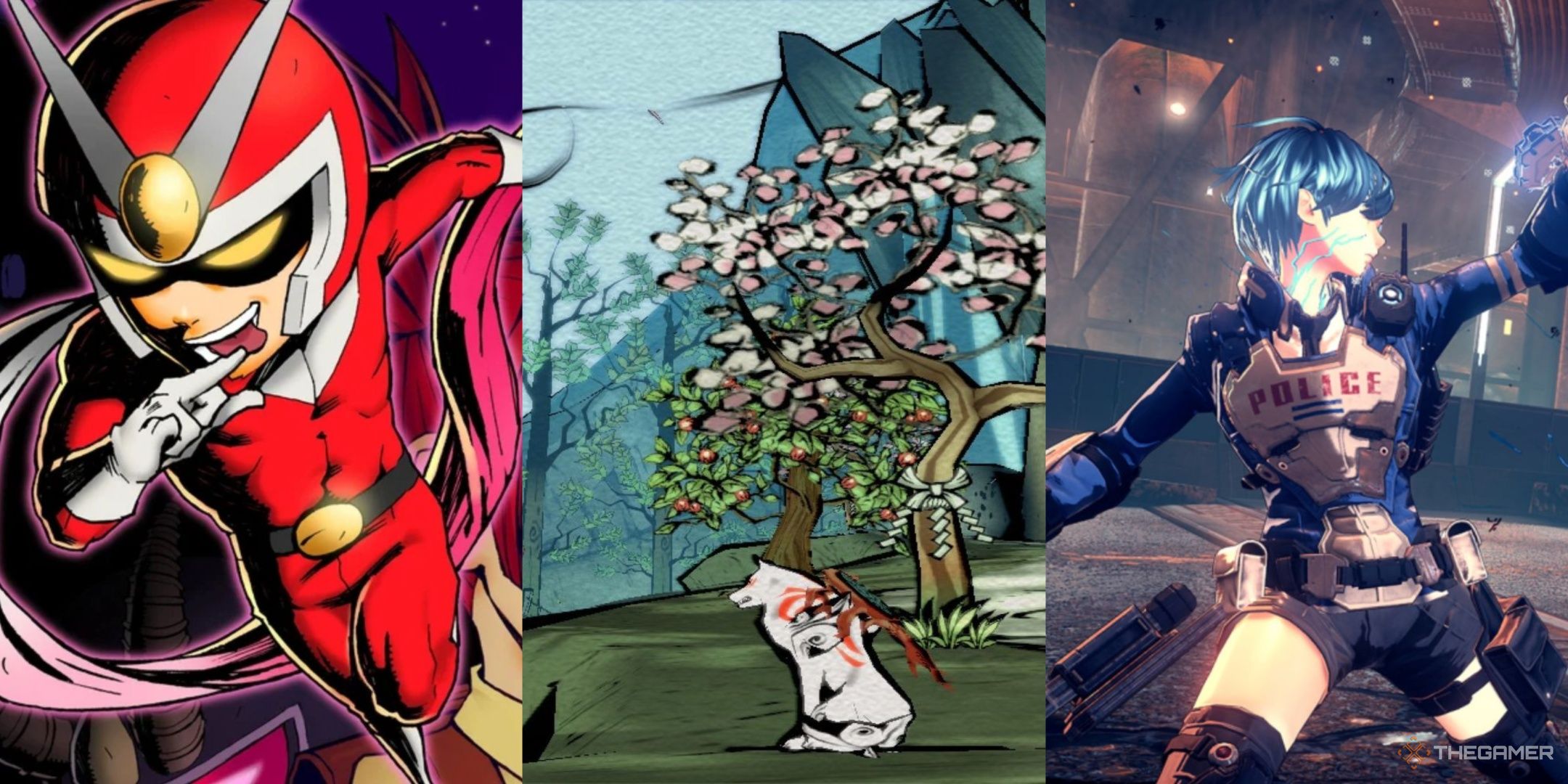 Viewtiful joe in costume, ameterasu sitting by a tree, and the main character of Astral Chain with blue hair, left to right.