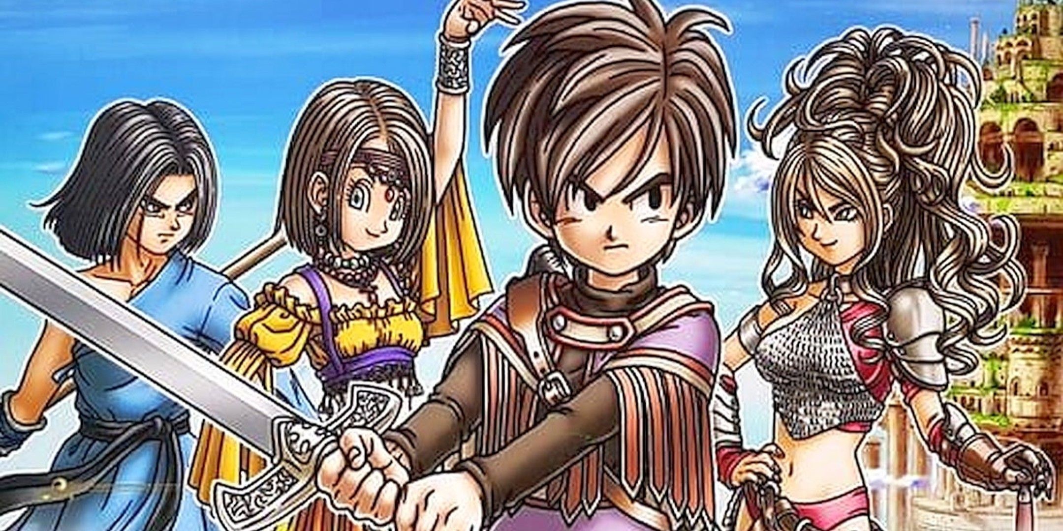 The main characters of Dragon Quest 9 in front of a castle. 