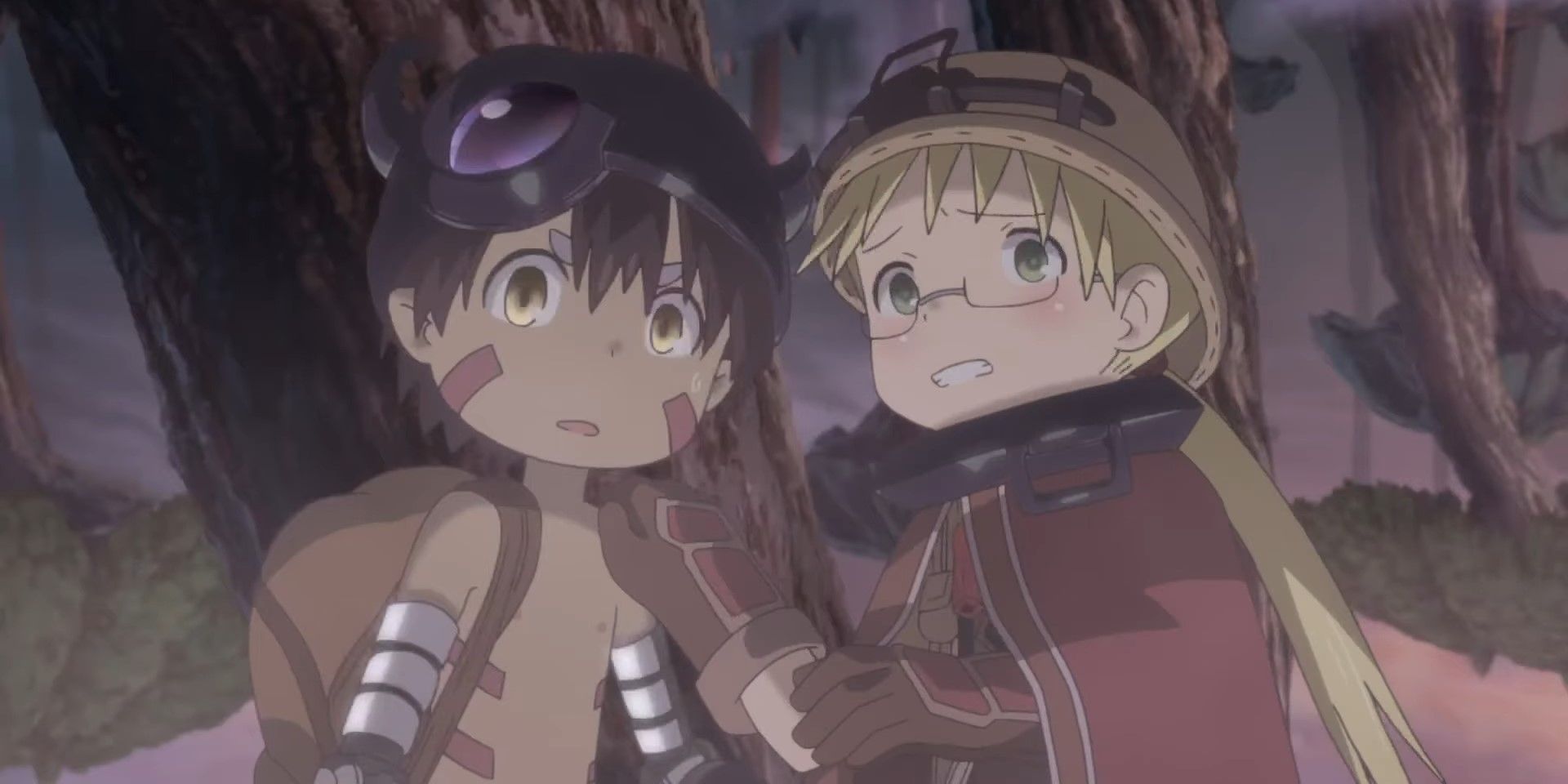 Reg and Riko looking up at something in Made in Abyss.