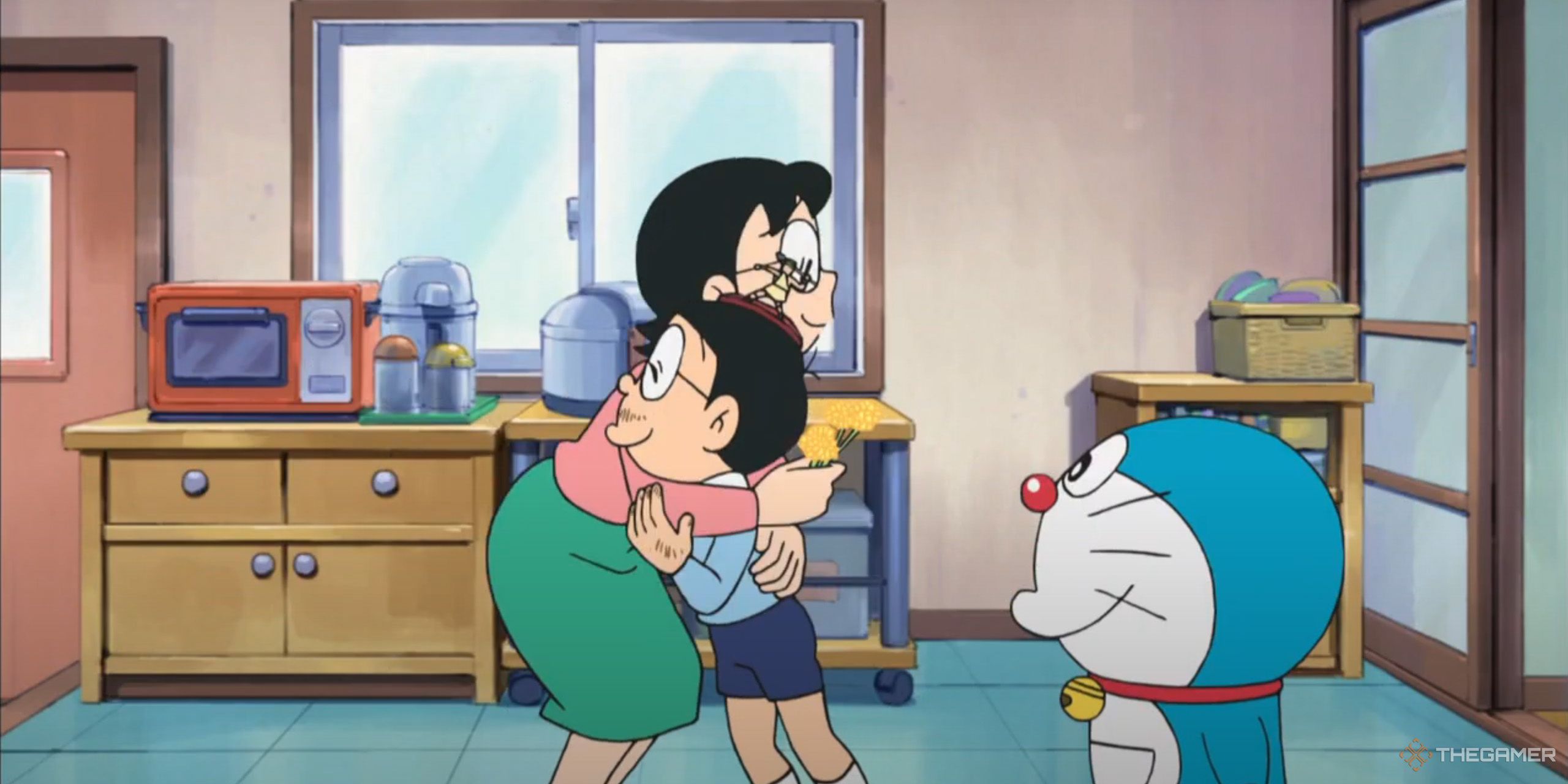 Nobita Nobi hugging his mom while Doraemon watches.