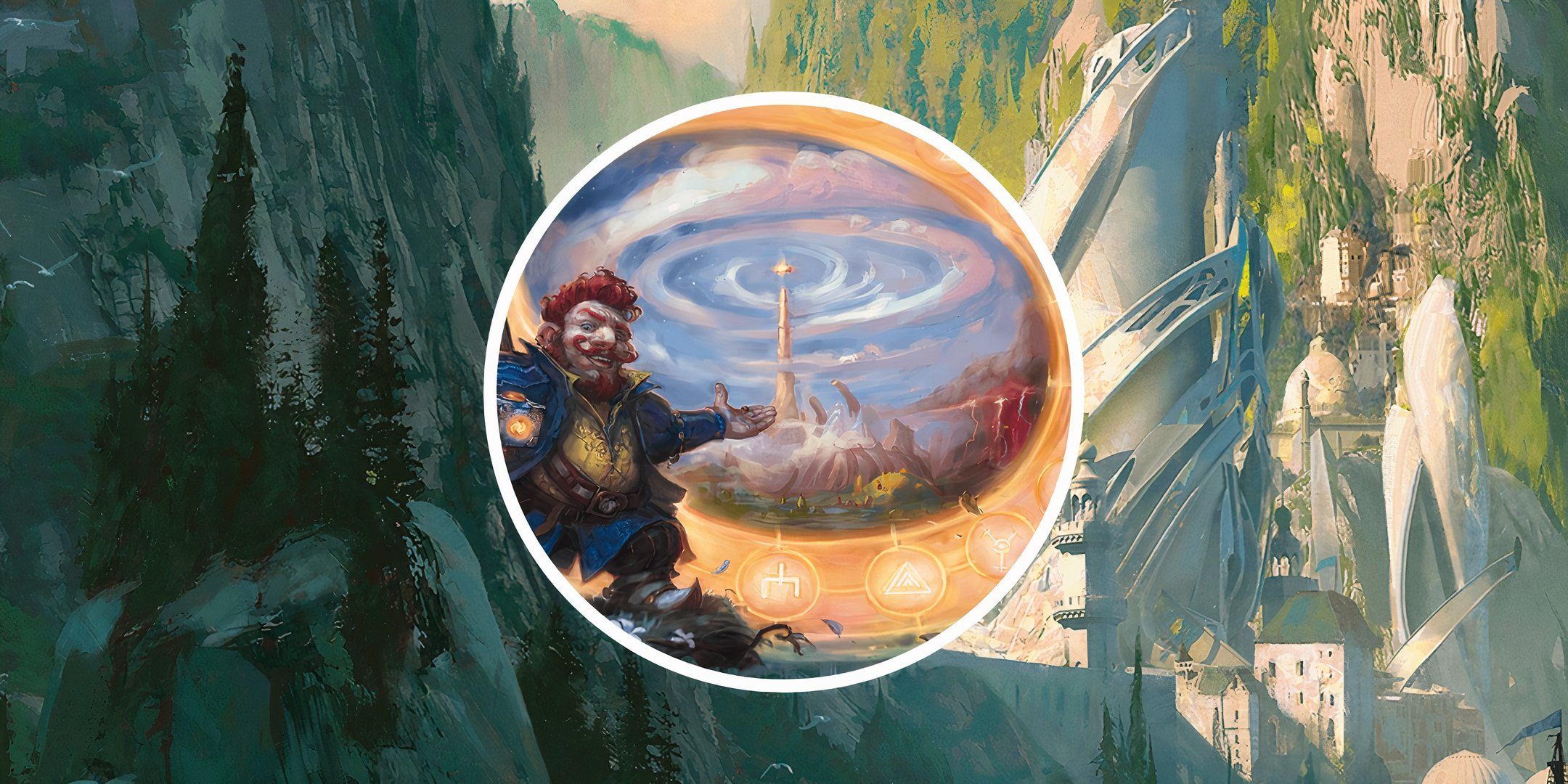 An adventurer in a split image opening a portal to a mystical kingdom in Dungeons & Dragons.