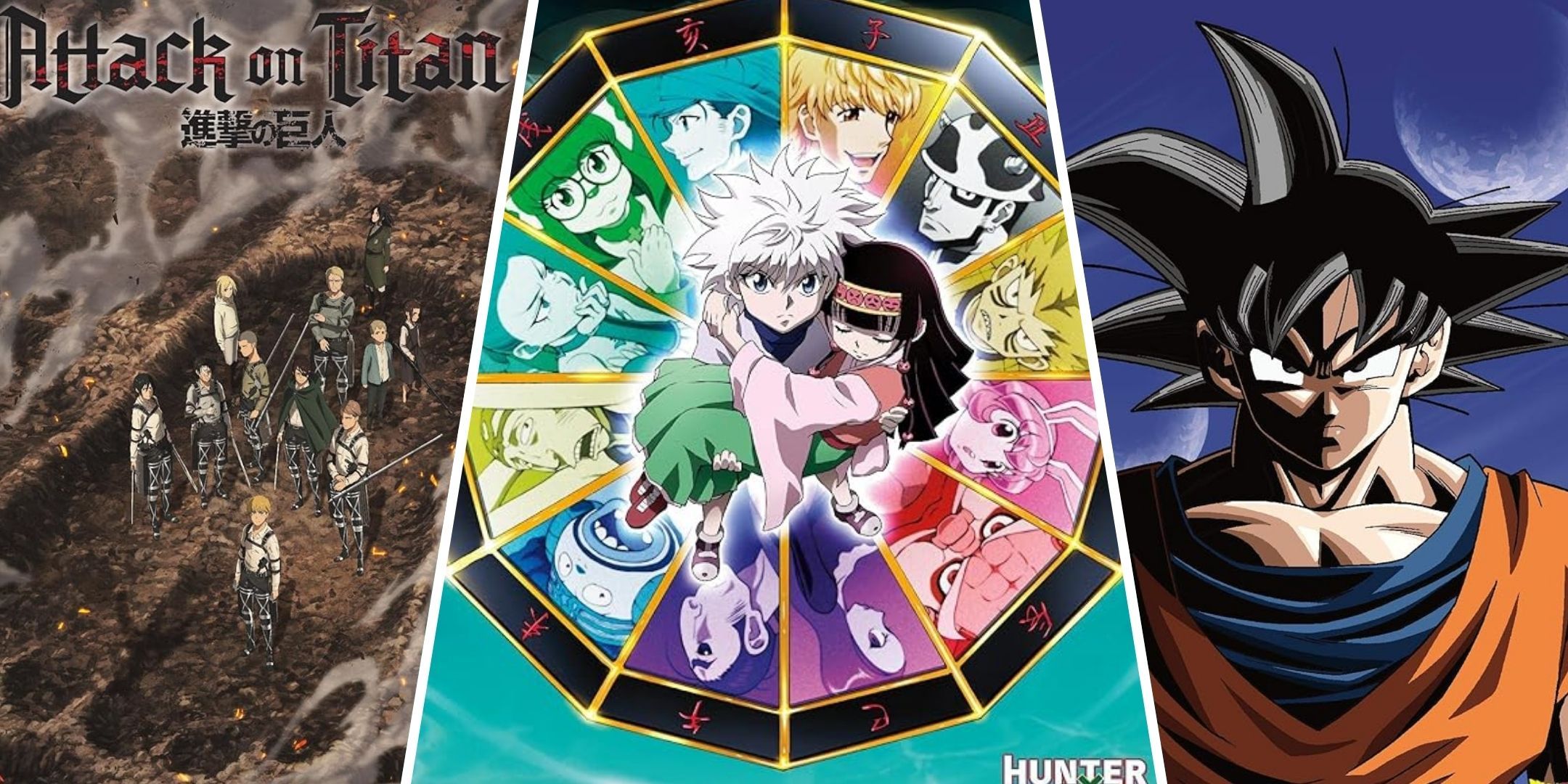 A split image featuring posters for Attack on Titan, Dragonball Z, and Hunter X Hunter