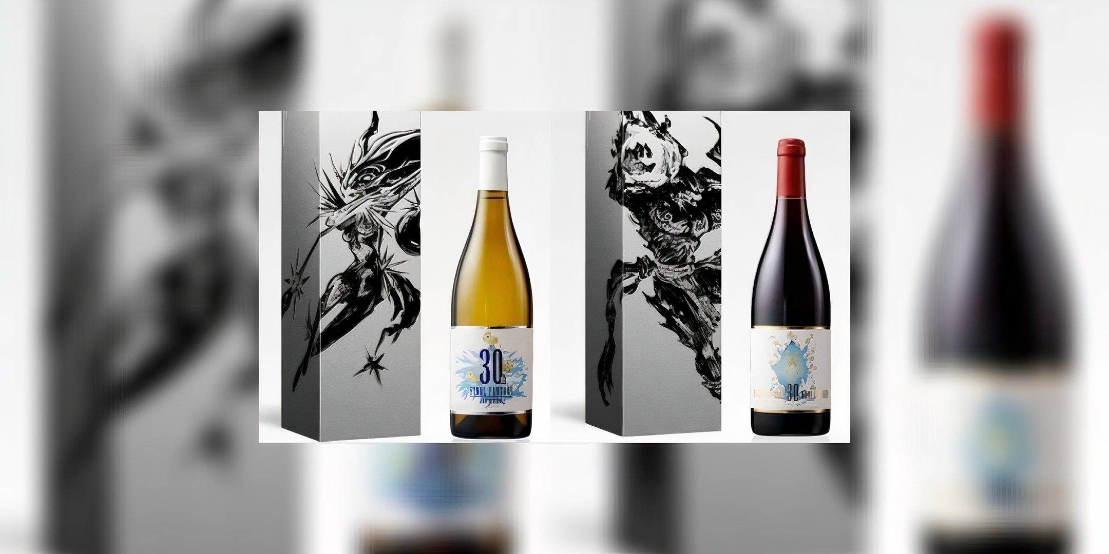 FF 30th Anniversary Wine Bottles and their respective boxes they come in. Shiva Blanc on the left, Ifrit Red on the right